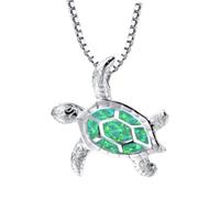 LRGKMCWTOB Small Turtle Pendant Statement Necklace Health and Longevity 925 Sterling Silver Created Opal Sea Turtle Pendant Necklace Birthstone Jewelry Adjustable Christmas Gifts for Women (Green)