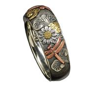 LRGKMCWTOB Vintage Boho Sunflower Rings Engagement Party Ring Jewelry Silver and Rose Gold Color Carved Dragonfly Ring Unique Metal Enamel Flower Rings Women Engagement Party Ring Jewelry(Size 9)