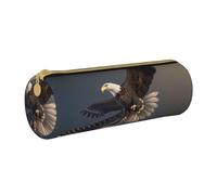 LRHCNZDCP 3D Bald Eagle Flying with Flag Printed Leather Pencil Case Round Zipper Cute Pencil Pouch Pencil Box for School & Office