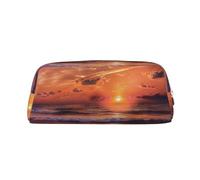 LRHCNZDCP Beach Sunrise Printed Pencil Case Leather Pen Pencil Pouch Makeup Bag with Silver Zipper for Teen Girls Boys Men Women
