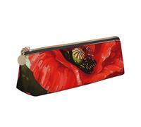 LRHCNZDCP Beautiful Red Flower Printed Leather Pencil Case Triangle Zipper Cute Pencil Pouch Pencil Box for School & Office