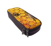 LRHCNZDCP Bee On Honeycomb Printed Pencil Case Holder Leather Cute Pen Pencil Pouch School Office College Pencil Box Organizer for Adult Boys Girls