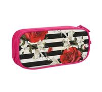 LRHCNZDCP Black White Stripes Red Rose Flowers Printed Pencil Case Pouch Cute Pencil Pen Case Pencil Box Pen Bag for School Office, Pink