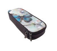 LRHCNZDCP Blue Butterfly On Blossom Flower Printed Pencil Case Holder Leather Cute Pen Pencil Pouch School Office College Pencil Box Organizer for Adult Boys Girls