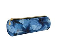 LRHCNZDCP Blue Hibiscus Printed Leather Pencil Case Round Zipper Cute Pencil Pouch Pencil Box for School & Office