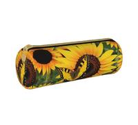 LRHCNZDCP Butterfly Blooming Sunflower Plants Flowers Printed Leather Pencil Case - Round Zipper Cute Pencil Pouch Pencil Box for School & Office