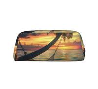 LRHCNZDCP Coconut Beach Sunset Hammock Printed Pencil Case Leather Pen Pencil Pouch Makeup Bag with Silver Zipper for Teen Girls Boys Men Women
