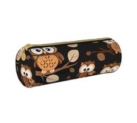 LRHCNZDCP Cute Brown Cartoon Owls Printed Leather Pencil Case - Round Zipper Cute Pencil Pouch Pencil Box for School & Office