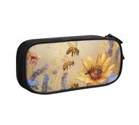 LRHCNZDCP Cute Pencil Case Pouch, Rural Honey Bees Wildflowers Printed Pencil Pen Case Pencil Box Makeup Bag for Trave School Office, Black