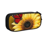 LRHCNZDCP Cute Pencil Case Pouch, Yellow Sunflowers with Red Butterfly Printed Pencil Pen Case Pencil Box Makeup Bag for Trave School Office, Black