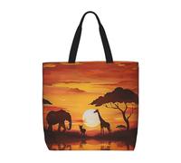 LRHCNZDCP Elephant and Giraffe in The Sunset Print Reusable Shopper Tote for Women Waterproof Shoulder Bag Lightweight Grocery Bag for Shopping, Travel & Daily Use Gift