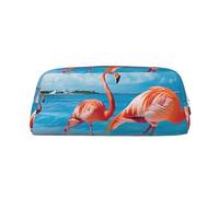 LRHCNZDCP Flamingo on Beach Printed Pencil Case Leather Pen Pencil Pouch Makeup Bag with Silver Zipper for Teen Girls Boys Men Women