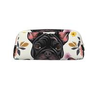 LRHCNZDCP French Bulldog and Flowers Printed Pencil Case Leather Pen Pencil Pouch Makeup Bag with Gold Zipper for Teen Girls Boys Men Women