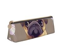 LRHCNZDCP Funny Cartoon Pug Puppy Dog Printed Leather Pencil Case Triangle Zipper Cute Pencil Pouch Pencil Box for School & Office
