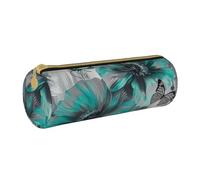 LRHCNZDCP Gray Teal Flower Butterfly Printed Leather Pencil Case - Round Zipper Cute Pencil Pouch Pencil Box for School & Office
