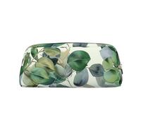 LRHCNZDCP Green Eucalyptus Leaves Printed Pencil Case Leather Pen Pencil Pouch Makeup Bag with Silver Zipper for Teen Girls Boys Men Women