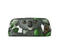 LRHCNZDCP Green Leaf Koala Printed Pencil Case Leather Pen Pencil Pouch Makeup Bag with Silver Zipper for Teen Girls Boys Men Women