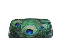 LRHCNZDCP Green Peacock Feather Printed Pencil Case Leather Pen Pencil Pouch Makeup Bag with Gold Zipper for Teen Girls Boys Men Women