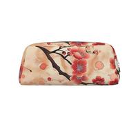 LRHCNZDCP Japanese Plum Floral Printed Pencil Case Leather Pen Pencil Pouch Makeup Bag with Silver Zipper for Teen Girls Boys Men Women