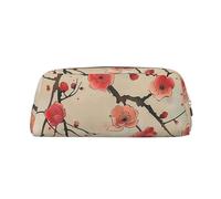 LRHCNZDCP Japanese Spring Plum Floral Print Printed Pencil Case Leather Pen Pencil Pouch Makeup Bag with Gold Zipper for Teen Girls Boys Men Women