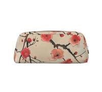 LRHCNZDCP Japanese Spring Plum Floral Print Printed Pencil Case Leather Pen Pencil Pouch Makeup Bag with Silver Zipper for Teen Girls Boys Men Women