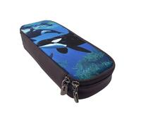 LRHCNZDCP Killer Whales Swim Along Printed Pencil Case Holder Leather Cute Pen Pencil Pouch School Office College Pencil Box Organizer for Adult Boys Girls