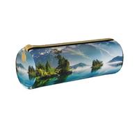 LRHCNZDCP Mountain Lake View Sunny Day Nature Printed Leather Pencil Case - Round Zipper Cute Pencil Pouch Pencil Box for School & Office