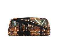 LRHCNZDCP New York Manhattan Bridge Night Printed Pencil Case Leather Pen Pencil Pouch Makeup Bag with Gold Zipper for Teen Girls Boys Men Women