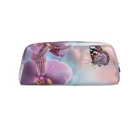 LRHCNZDCP Orchid Flower Butterfly Soft Fresh Spring Printed Pencil Case Leather Pen Pencil Pouch Makeup Bag with Silver Zipper for Teen Girls Boys Men Women