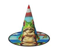 LRHCNZDCP Puerto Rico Flag Frog Palm Trees Printed Halloween Witch Hat for Women Men Festive Parties Cosplay Halloween Accessories, 3 PCS