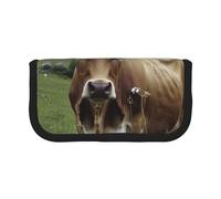 LRHCNZDCP Real Swiss Cow Brown Printed Pen Pencil Case Canvas Makeup Bag Gadget Pen Bag Pencil Box with Zipper