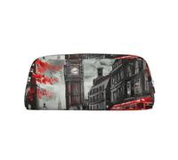 LRHCNZDCP Red London Street Printed Pencil Case Leather Pen Pencil Pouch Makeup Bag with Silver Zipper for Teen Girls Boys Men Women
