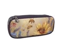 LRHCNZDCP Rural Honey Bees Wildflowers Printed Pencil Case Holder Large Capacity Leather Pen Pencil Pouch Box Organizer for School Office College Adult Boys Girls