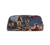 LRHCNZDCP Snow Night Santa and Deer Printed Pencil Case Leather Pen Pencil Pouch Makeup Bag with Silver Zipper for Teen Girls Boys Men Women