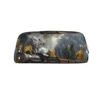 LRHCNZDCP Steam Locomotive Train Printed Pencil Case Leather Pen Pencil Pouch Makeup Bag with Silver Zipper for Teen Girls Boys Men Women