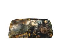 LRHCNZDCP Steam Train Printed Pencil Case Leather Pen Pencil Pouch Makeup Bag with Silver Zipper for Teen Girls Boys Men Women