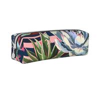 LRHCNZDCP Striped Succulents Printed Leather Pencil Case - Cute Zipper Pencil Pouch Pencil Box for School & Office