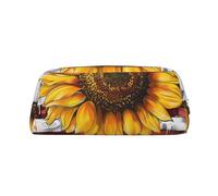 LRHCNZDCP Sunflower and American Flag Printed Pencil Case Leather Pen Pencil Pouch Makeup Bag with Silver Zipper for Teen Girls Boys Men Women