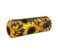 LRHCNZDCP Sunflower Blooming Flowers Plants Butterfly Printed Leather Pencil Case - Round Zipper Cute Pencil Pouch Pencil Box for School & Office
