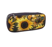 LRHCNZDCP Sunflower Blooming Flowers Plants Butterfly Printed Pencil Case Holder Large Capacity Leather Pen Pencil Pouch Box Organizer for School Office College Adult Boys Girls