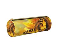 LRHCNZDCP Sunflower Butterfly Sunny Printed Leather Pencil Case - Round Zipper Cute Pencil Pouch Pencil Box for School & Office
