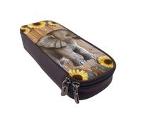 LRHCNZDCP Sunflower Elephant Wooden Floor Printed Pencil Case Holder Leather Cute Pen Pencil Pouch School Office College Pencil Box Organizer for Adult Boys Girls