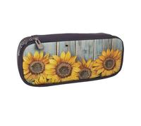 LRHCNZDCP Sunflowers Wooden Board Printed Pencil Case Holder Large Capacity Leather Pen Pencil Pouch Box Organizer for School Office College Adult Boys Girls