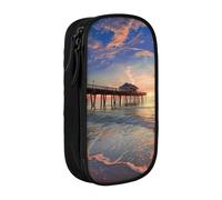 LRHCNZDCP Sunset at The Beach Bridge Printed Pencil Case Pouch Black, Cute Pencil Pen Case Pencil Box Pen Bag for School Office