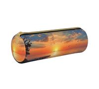 LRHCNZDCP Sunset Scenery Printed Leather Pencil Case - Round Zipper Cute Pencil Pouch Pencil Box for School & Office