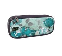 LRHCNZDCP Turquoise Teal Floral Printed Pencil Case Holder Large Capacity Leather Pen Pencil Pouch Box Organizer for School Office College Adult Boys Girls