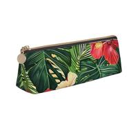 LRHCNZDCP Vegetation Leaves with Hibiscus Flowers Printed Leather Pencil Case Triangle Zipper Cute Pencil Pouch Pencil Box for School & Office