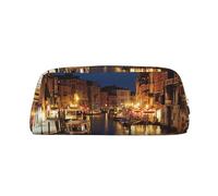 LRHCNZDCP Venice Night Printed Pencil Case Leather Pen Pencil Pouch Makeup Bag with Silver Zipper for Teen Girls Boys Men Women