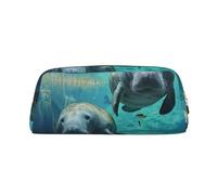 LRHCNZDCP West Indian Manatees Printed Pencil Case Leather Pen Pencil Pouch Makeup Bag with Gold Zipper for Teen Girls Boys Men Women