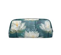 LRHCNZDCP White Lotus Flowers Printed Pencil Case Leather Pen Pencil Pouch Makeup Bag with Silver Zipper for Teen Girls Boys Men Women